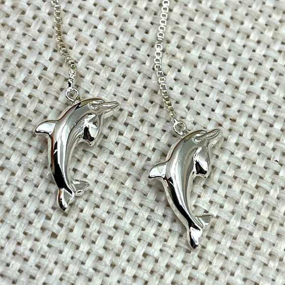 Vintage JCM Sterling Silver Dolphin Threader Earrings - Picture 1 of 14